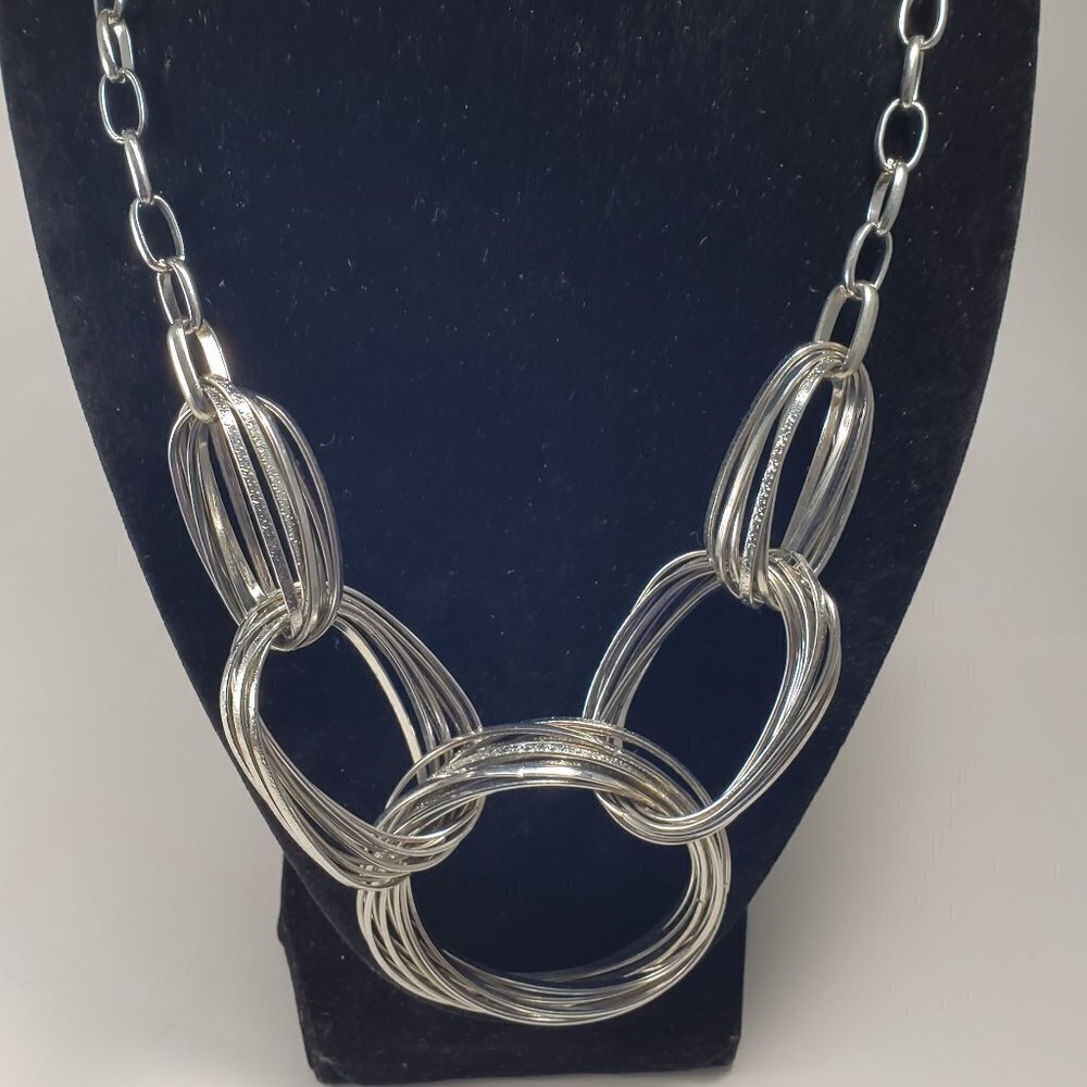 Bold Silver Statement Necklace Layered Hoops & Ov… - image 3